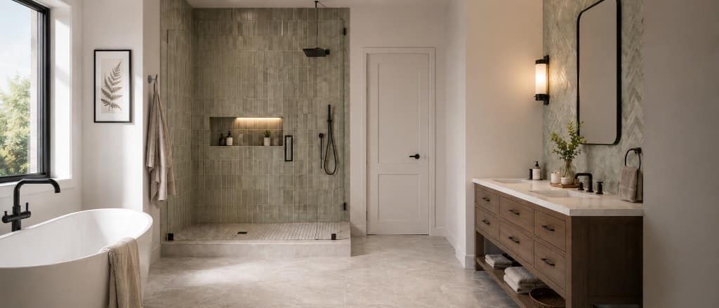 Spa bathroom with a freestanding tub, sage-tiled walk-in shower and wood double vanity