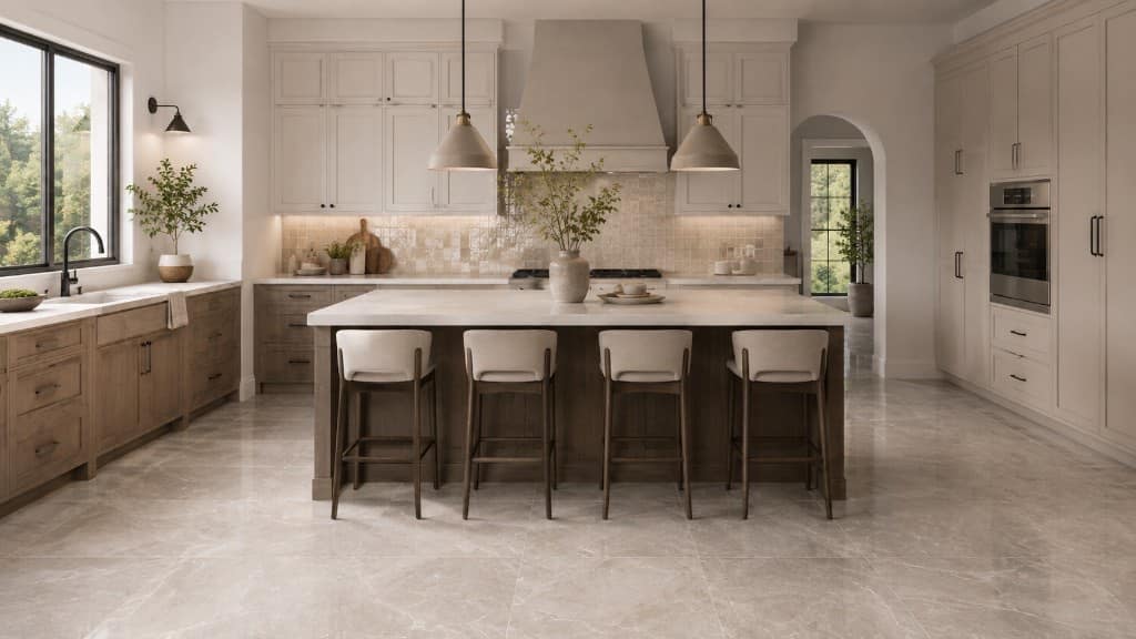 Open kitchen with a marble island, cream cabinetry, tiled backsplash and stone floor