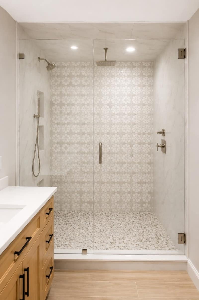 Frameless glass walk-in shower with a grey geometric mosaic feature wall, marble-look side walls, pebble floor and an oak vanity